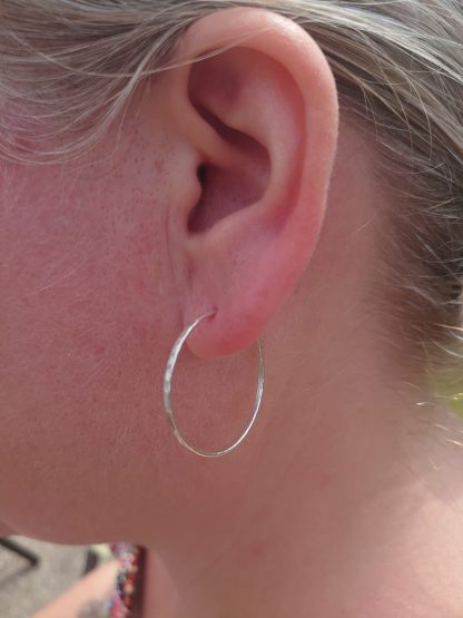 Hammered hoop earrings 3cm on ears3